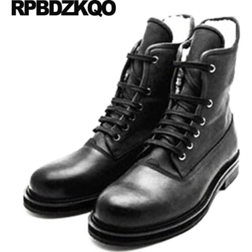 Short Full Grain Leather Chunky Black Lace Up Warm Faux Fur Retro Combat Boots Military Ankle Army Luxury Shoes Men Winter