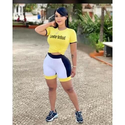 Summer Letter Print Patchwork 2 Two Piece Tracksuit Sets Womens Bike Shorts Sets O Neck Short Sleeve Crop Top Shorts Sets