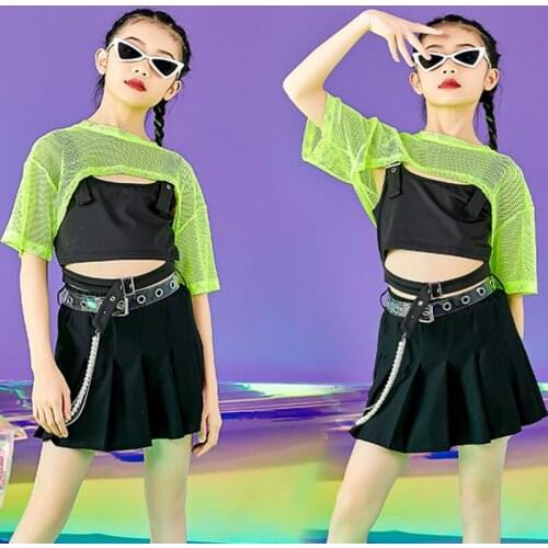 Jazz Dance Costumes Girls Hip Hop Performance Clothing Green Net Tops Black JK Skirt Children Modern Dance Stage Outfit DNV14650