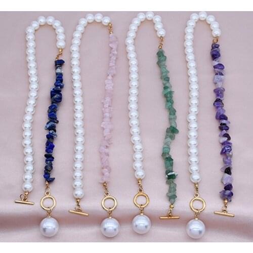 Lapis Kyanite Quartz Freeform Chip Stone Beads Choker For Christmas Gift Simulated Pearl Pendant Necklace Jewelry