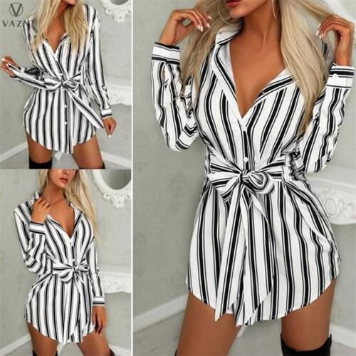 VAZN 2020 Summer Mini Dress New Fashion Women Sexy Office Striped Print Full Sleeve Style Strap Vestidos For Female