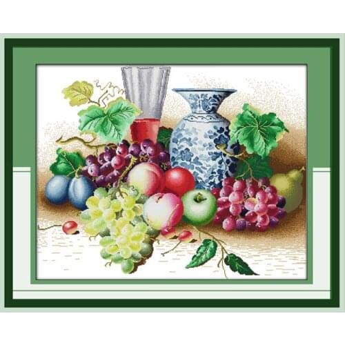 11CT 14CT count mesh cloth hand cross stitch suite fresh fruit grapes apple pear beautiful vase embroidery decorative painting