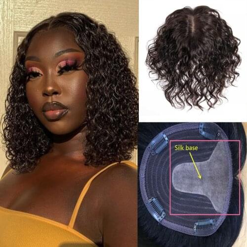 Natural Black Human Hair Toupee For Women Machine Made Silk base Middle Part Replacement Curly with Clips For Less Hair