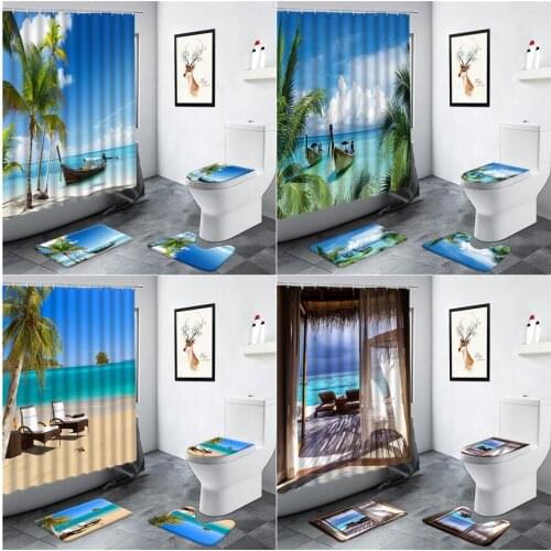 Beach Palm Trees Boat Resort Ocean Scenery Shower Curtain Tropical Plant Bathroom Flannel Carpet Non-slip Foot Mat Bath Mats Set