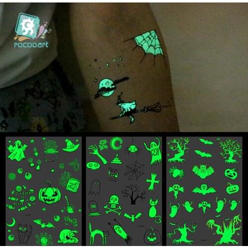 Rocooart Halloween Luminous Tattoo sticker Ghost Design For Kids Fake Tattoo Witch Glowing in Dark Waterproof Temporary Tattoo