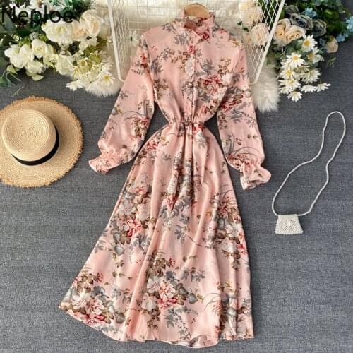 Neploe Chiffon Print Dress Women Korean Chic Bow Stand Collar Slim Waist Dresses 2021 Button Puff Sleeve A Line Vestido 80819