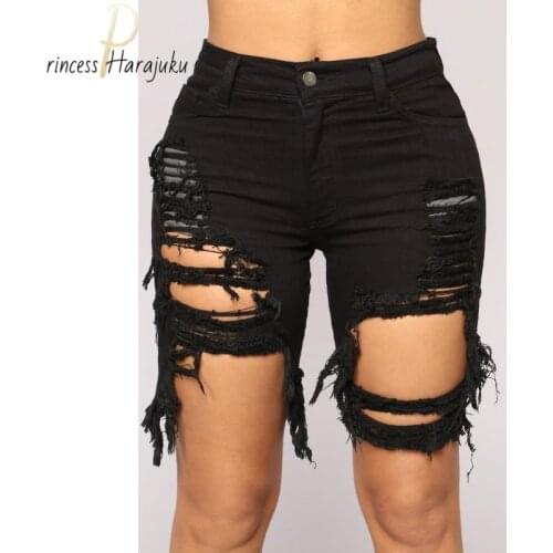 Fashion Women Sexy Summer Clothing Denim Ripped High Waist Shorts Holes Draped Destroyed Stretch Bodycon Shorts Pencil Slim Club