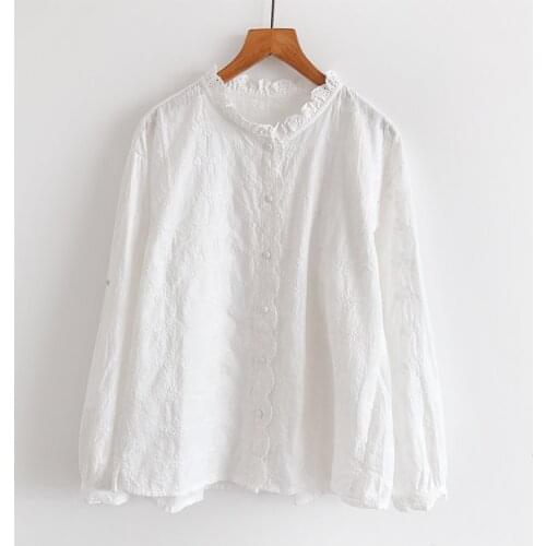 2020 New autumn Women Blouse Mori Girl Literary Lace Stand Collar Cotton Embroidery White Long Sleeve Shirts Women