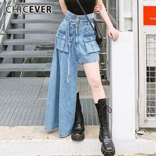 CHICEVER Denim Skirt For Women High Waist Sashes Pockets Irregular Hem Plus Size Blue Mid Skirts Female 2021 Summer Clothes Tide