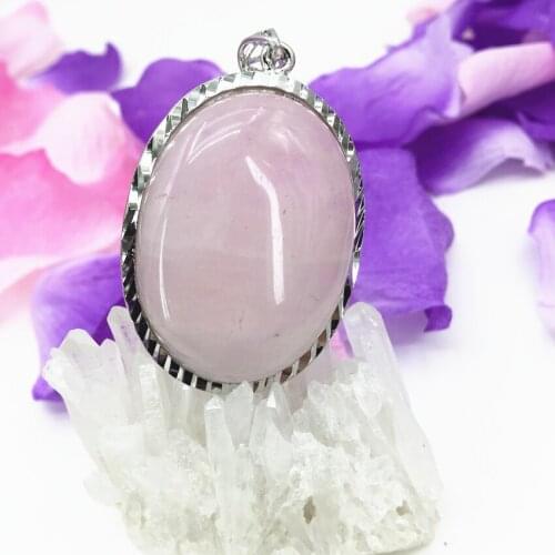 Charms pink crystal jades oval pendant for women 33*44mm fashion fit diy long chain gifts silver-color jewelry accessories B3069