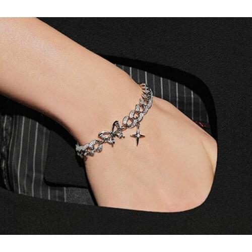 Origin Summer Korean Chunky Chain Butterfly Cross Charm Bracelet for Women Silver Color Hollow Rhinestone Bracelet Jewelry
