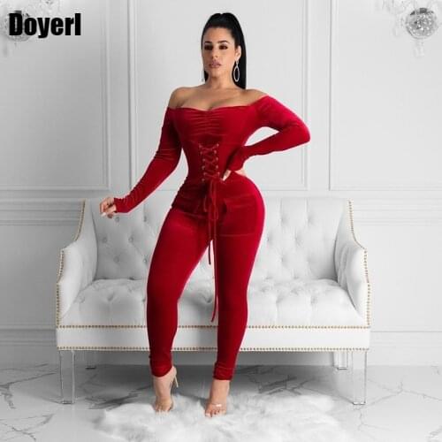 Off Shoulder Velvet Jumpsuit Women Long Sleeve Romper Bodycon Lace Up Sexy SkinnyJumpsuit Night Club Party Jumpsuit Overalls