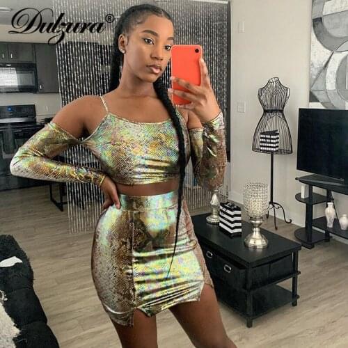 Dulzura Snake Print Pu Faux Leather Women 2 Piece Set Crop Top Long Sleeve Off Shoulder Elegant Strap Mini Skirt Slit Sexy Club