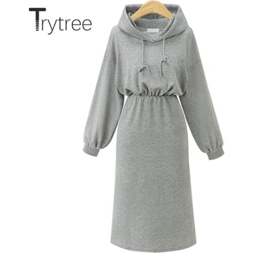 Trytree 2020 Autumn Winter Women Dress Casual Hooded Drawstring Solid 2 Colour A-line Loose All-Purpose Style Mid-Calf Dress