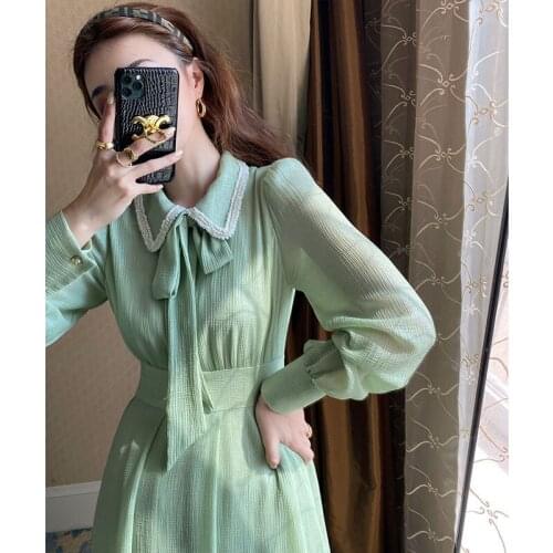 2020 Autumn Women One-piece Chiffon Long Maxi Dress Green Long Sleeve Vintage Tied-up Slim Waist Fairy Dresses Patchwork A-Line