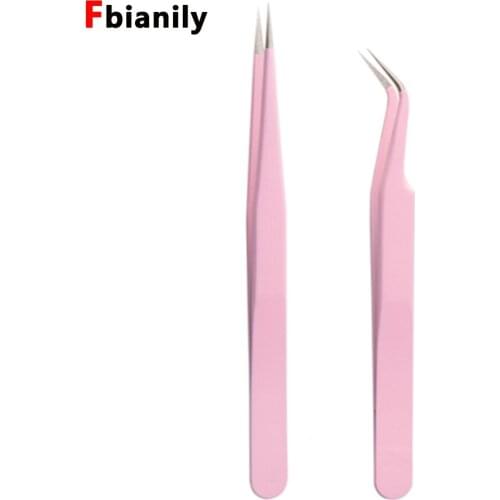 2pcs/lot Pink Anti-Static Tweezers For Eyebrow Stainless Steel Set Beauty Precision Tweezers Makeup Kit Repair Tools
