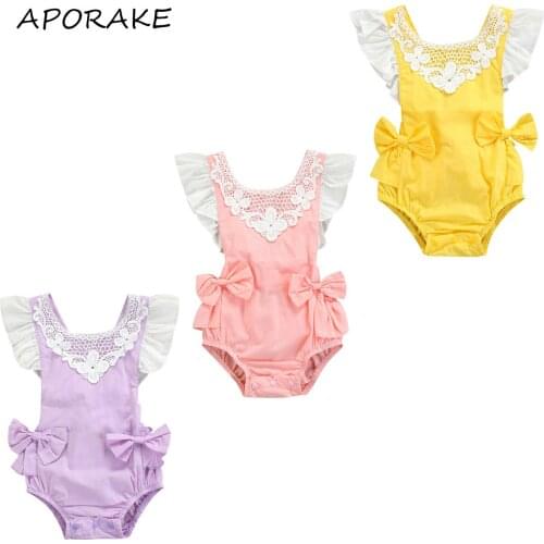 2021 0-24M Cute Infant Baby Girl Playsuit Flower Lace O Neck Ruffle Fly Sleeve Bows Backless Summer Romper Outfit