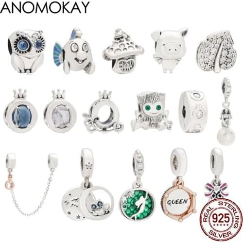 Anomokay Mix Style Lovey Animal 925 Silver Charm Real Sterling Silver Tree Owl Mermaid Bead Pendant for DIY Jewelry Making