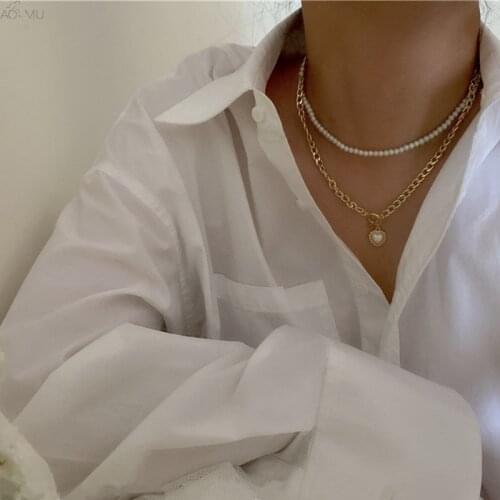 AOMU Korean Vintage Double Layer Love Heart Pendant Pearl Necklace Simple Chain for Women 2020 New Jewelry Party Gifts