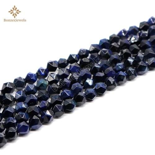 Diamonds Faceted Natural Peacock Blue Tiger Eye Stone Round Star Cut Polygon Beads for Jewelry Making Necklace 15" Strand 8 10M