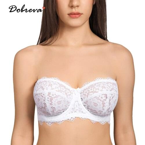 DOBREVA Womens Lace Strapless Bra Plus Size Underwire Unlined Multiway Balconette Bras