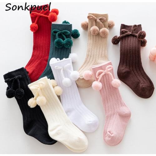 Baby Socks Anti-Slip Kids Autumn Winter Sock Pompom Girls Boy Candy Color Leg Warmers Ribbed Infant Knitted Socks 0-3Y