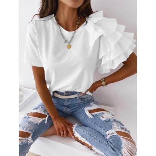 Womens New Fashion Ruffled Short Sleeves T-Shirt Female Round Neck Solid Color Tee Casual Summer Women T Shirts Basic Tops