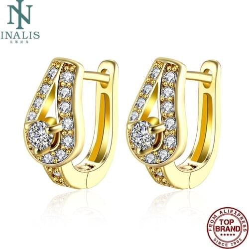 INALIS Copper Clip Earrings For Women Drop Shape Golden Inlaid Zircon Party Earring Fashion Trend Simple Jewelry New Arrival