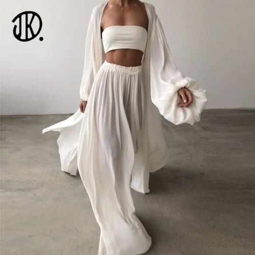 Boho Style Ladies Three-pieces Spring Summer Solid Color Sets Sexy Tank Top Cardigan Pants Fashionable Trousers 3pcs Suit S-2XL