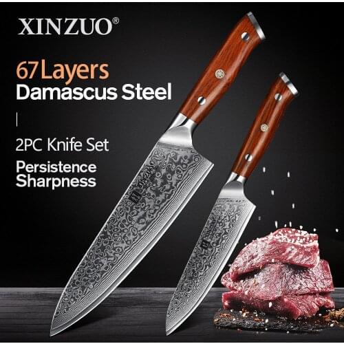 XINZUO 2 PCS Kitchen Chef Knife Set Damascus Steel Chef Cutter Utility Knives Stainless Steel Kitchen Cutlery Rosewood Handle
