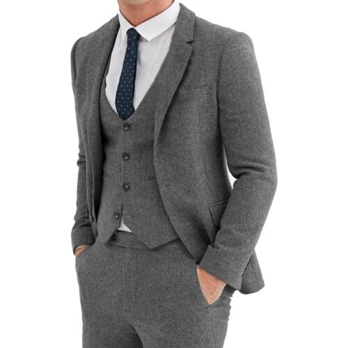 New Grey Mens Suit 3 Pcs Vintage Notch Lapel Herringbone Tweed Tuxedos For Wedding custom size (Blazer+vest+Pants)