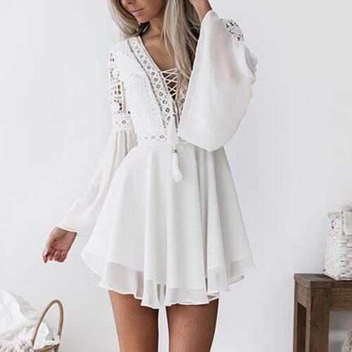 Hollow Out White Dress Sexy Women Mini Chiffon Dress See Through Plunge V-neck Long Sleeve Crochet Lace Dress Black Elegant Hot