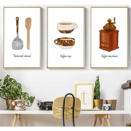 Simple Nordic Abstract Canvas Painting Marbled Tableware Coffee Cup Poster Restaurant Kitchen Cafe Aesthetic Decorative Pictures