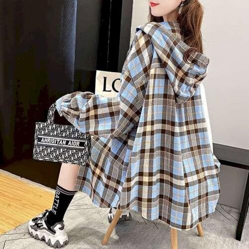 Hooded Loose Plaid Shirt Womens Shirt 2021 Spring Autumn New Korean Wild Long-sleeved Mid-length Hooded Jacket Oversized Hoodies