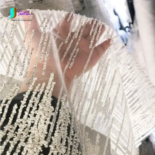 Gorgeous Soft Wedding Dress White Bead Silver Glitter Curtain Delicate Girl skirt Stripe Tulle Lace Fabric A0533L