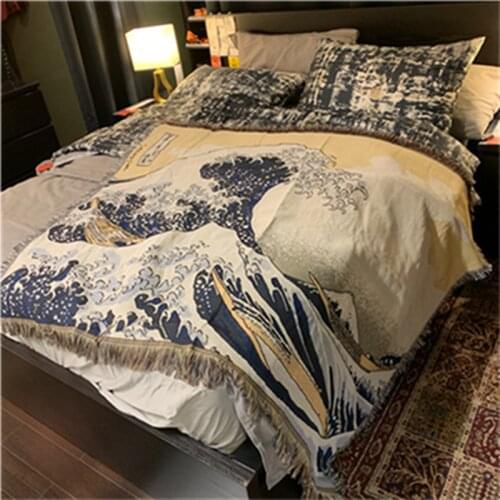 Japan Kanagawa Surf Wave Blanket Ukiyo-e Sofa Cover Throw for Bed Thick Knitted Blanket Carpet Tassel Wave Landscape Tapestry