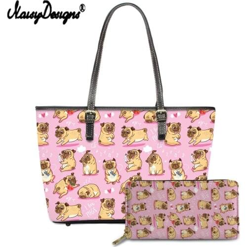NOISYDESIGNS Cute Pug Dog Pattern Pet Printed Womens Handbags Casual Long Purse Female Shoulder Bag Top-handle Bags for Ladies