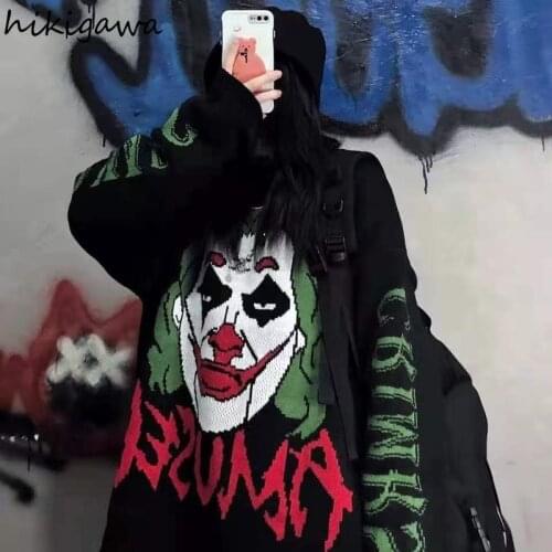 Hikigawa Dark Wind Vintage Streetwear Sweater Women 2021 Autumn Winter Clown Pattern Jacquard Knit Tops Couple Loose Jumpers