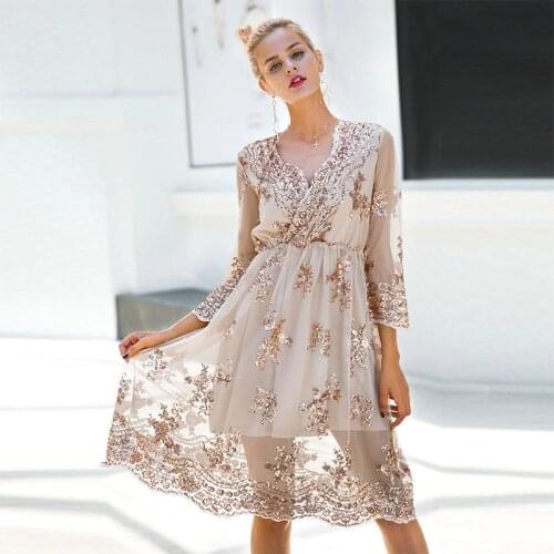 Sequin Dresses Party Dresses Women Evening Elegant Deep V Neck Casual Loose Mesh Dress Elastic Waist Nightclub Dress Plus Size