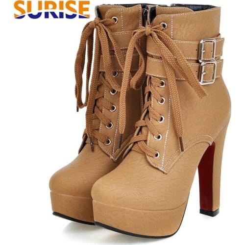 Big Size Winter Women Platform Ankle Boots 12cm High Chunky Heels Black PU Leather Plush Buckle Zipper Ladies Short Martin Boots