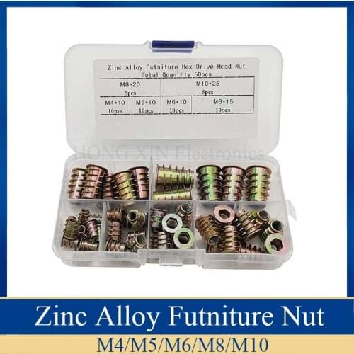 50pcs M4 M5 M6 M8 M10 Zinc Alloy Furniture Hex Drive Head Nut Threaded For Wood Insert Metric Assortment Kit