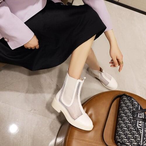 JETT DRAGON Women Hollow Net Boots Summer Genuine Leather New Ankle Boots Ladies Big Size Thin Section Low-heel Womens Sandals