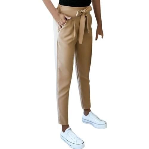Women Tie Bandage High Waist Harem Pants Casual Slim Fit Solid Color Cropped Tappered Long Pencil Trousers with Pockets