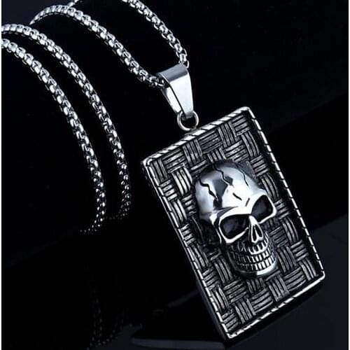 HNSP Punk Tag 3D Skull pendant necklace for men male Stainless steel chain