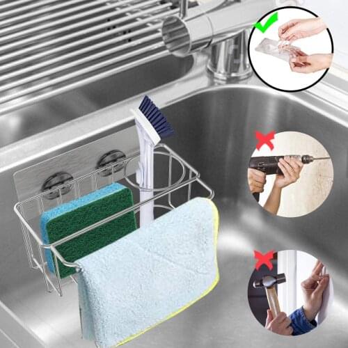 Kitchen Sponge Brush Holder 2 in 1 Sink Caddy Stainless Steel Rust Proof Water Proof No Drilling Kitchen Organizer Holder