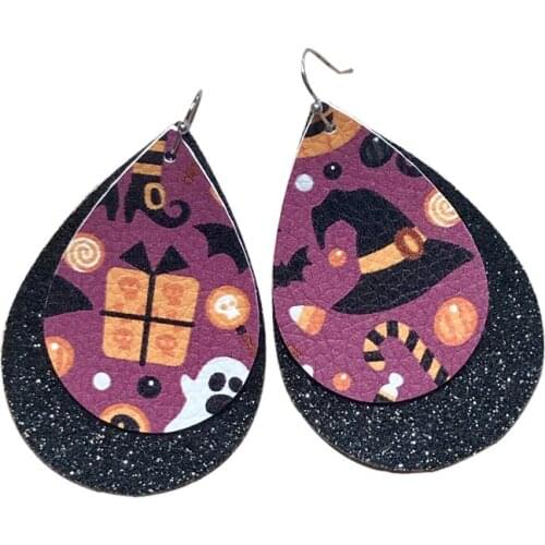 Hat Printed Halloween Double Layer Faux Leather Tear Drop Earrings Black Glitter Day of the Dead Earrings Made To Order
