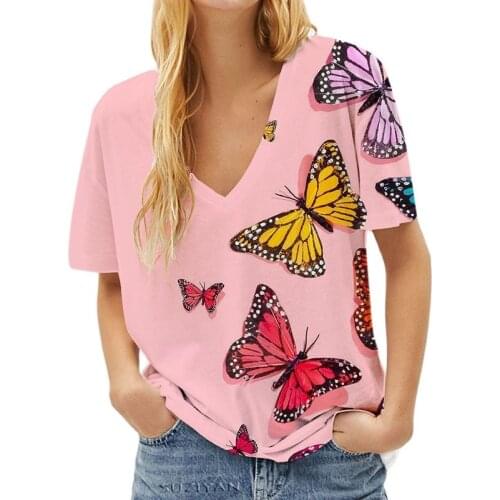 Womens t-shirt Butterfly Printed Casual Woman Harajuku Short Sleeve 3D Pink Bule Tshirts Summer Female V-neck Street Tops