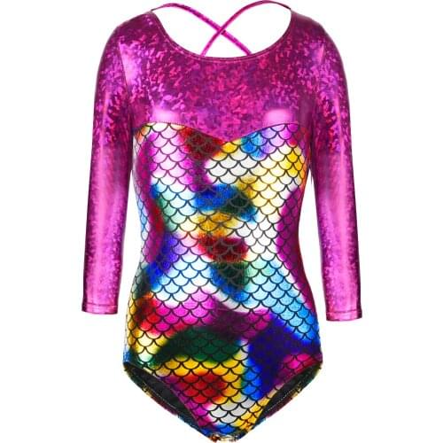 Gymnastics leotard girls metallic gymnastics clothes figure skating leotard sportswear kids holographic mermaid dance biketard