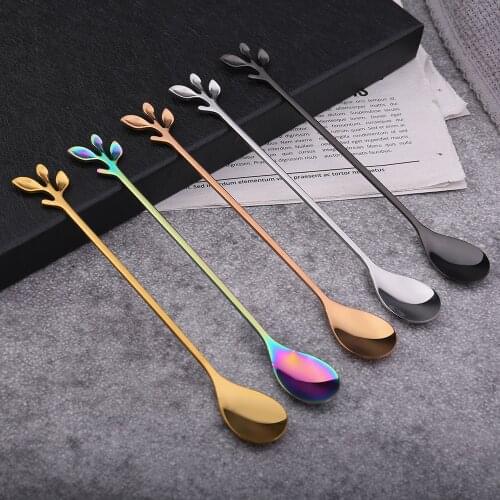 Creative stainless steel spoon, gold-plated coffee spoon, mixing spoon, leaf spoon ins wind long handle, wedding souvenir