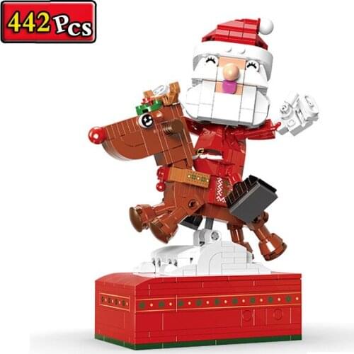 City Creative Series Santa Reindeer Carriage Music Box Indoor Decoration Props Building Blocks Christmas Gifts